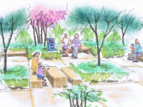 ・木陰を作る公園のベンチは、私的な空間を提供する。