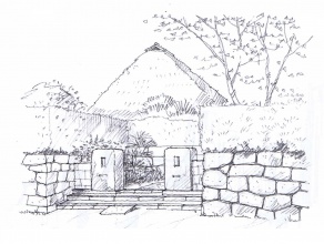 ・石垣とイヌマキの生垣は、美しい景観を作るだけでなく、まちの防火機能をも担う。　知覧の武家屋敷。